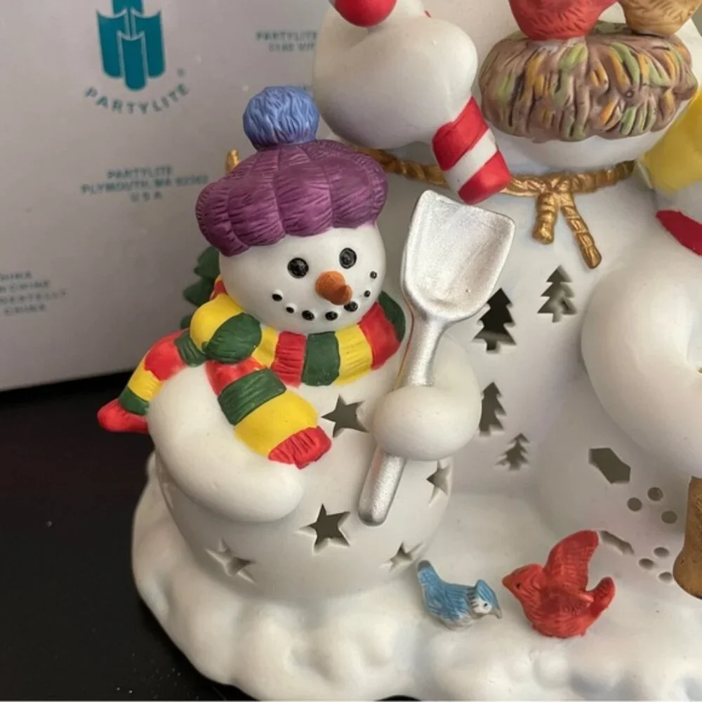 Retired Partylite P7702 Snowbell Snowman Family Ceramic Tealight Holder